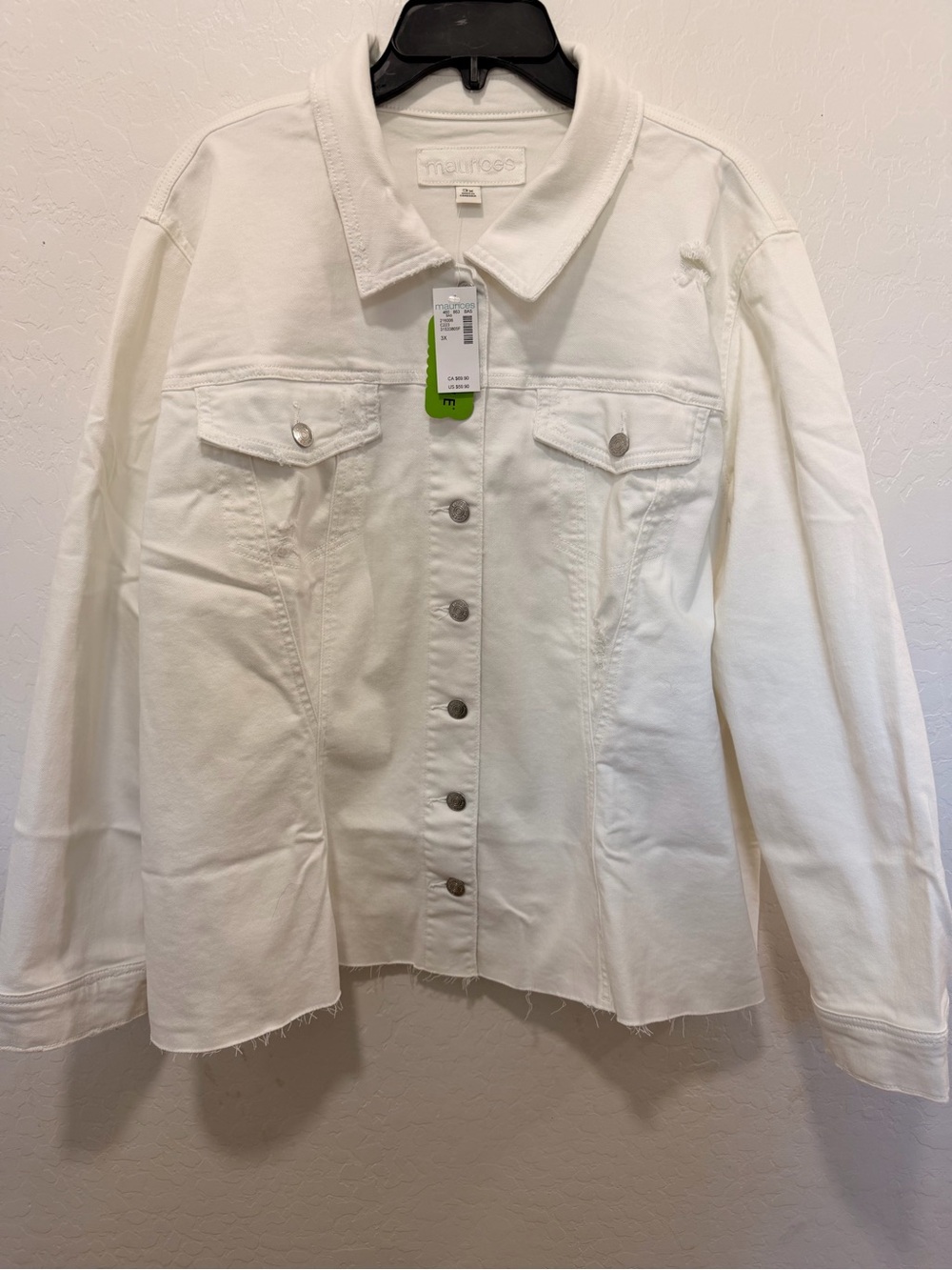 Maurices NWT plus sz 3X White Button-Front Denim jean Jacket raw hem distressed